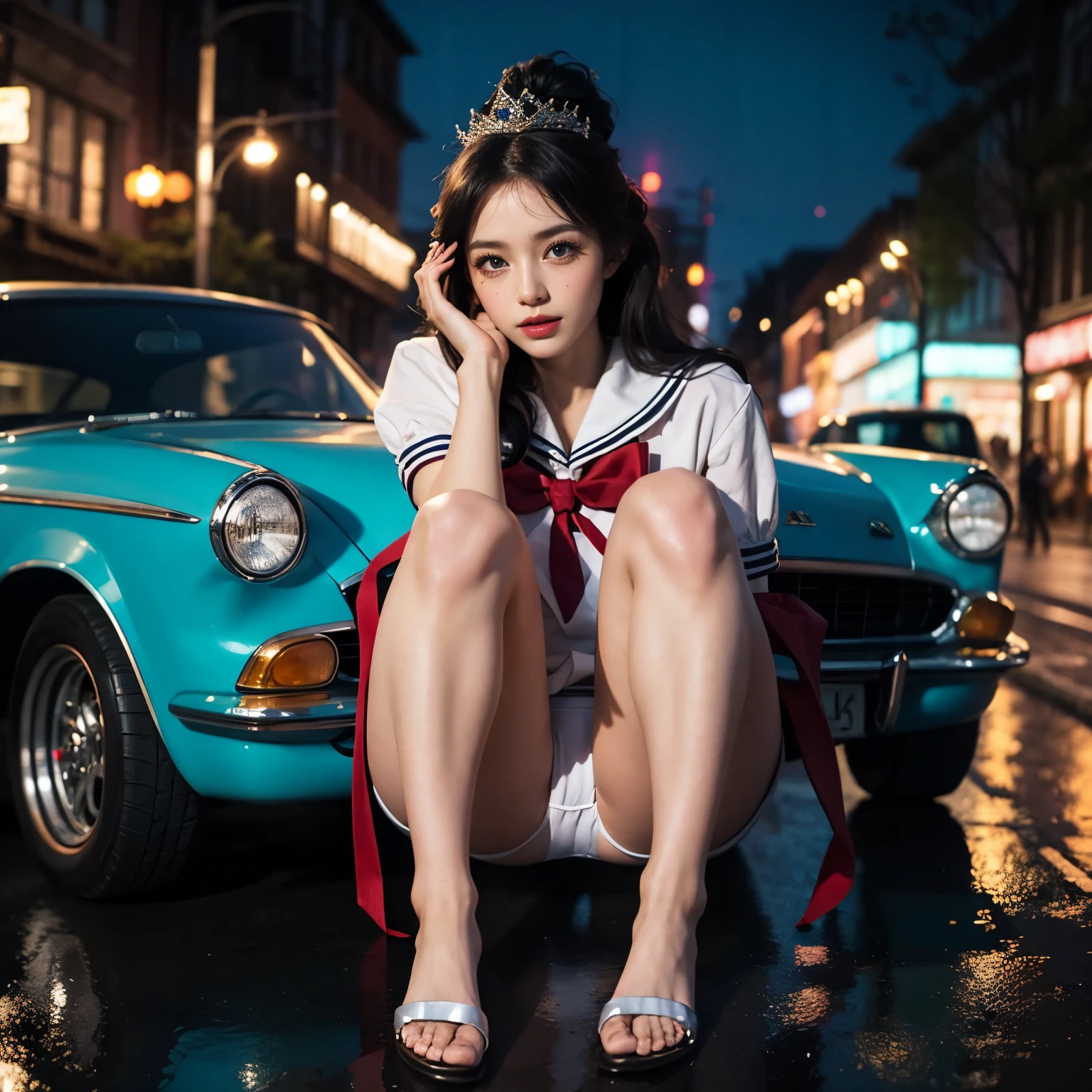 SFW, (Closeup from Crotch to Face) ExtremelyDetailed (SchoolGirl Lean against the Car) Spread Knees Up, perfect face, Brilliant(Tiny Crown), Detailed(Delicate Clothing textures) Sailor Uniform with Red Ribbon (((WhitePanties))), PerfectHand with 4Fingers and one Thumb, Corrected Childish Fingers, Corrected Leg to Foot Line, ((Starry Colorful Lights at Dusk City))(Car(Specular Reflection:1.28)), ((Hidden Arm) Hidden Sole) Red[High-Heels], TopQuality 8K Ultra-detailed masterpiece (ProfessionalPhoto:1.37)(Acutance:0.8)