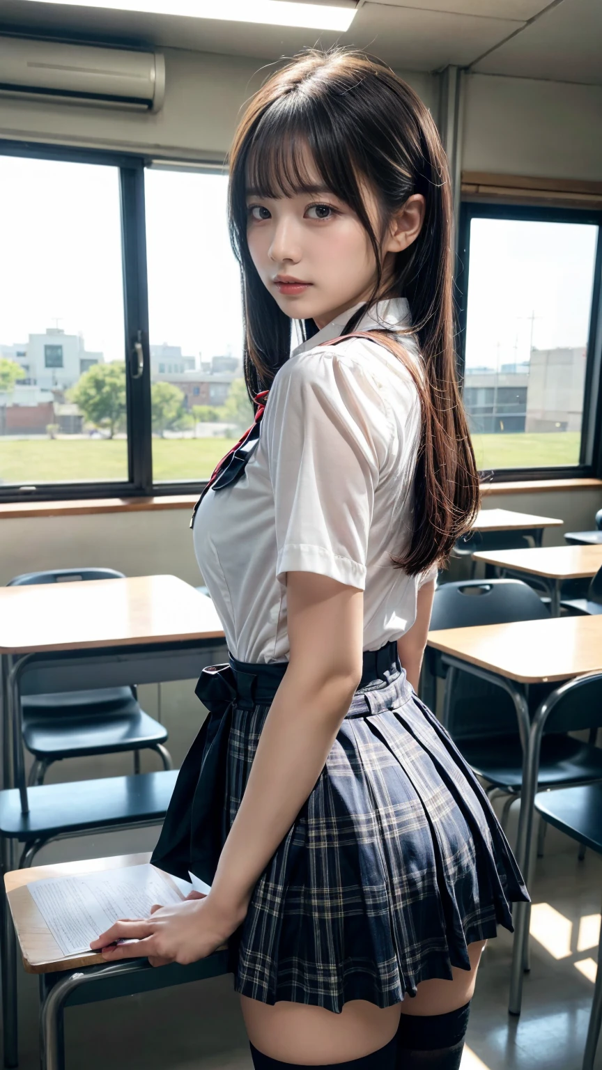 masterpiece, best quality, illustration, Super detailed, fine details, High resolution, 8K,wall paper, perfect dynamic composition,(Details High quality, realistic depiction of eyes:1.3), from side, High School Classroom、High school girl uniform、blazer 、Super Short Check Uniform Skirt、Navy blue high socks、garterbelts、plump breasts, Disturbed uniform, (updo:1.2), black hair color, large breasts, Big Natural Color Lip, bold sexy pose, (perfect body shape), crying a little、20 year old girl、cute type, beautiful legs, hposing Gravure Idol, Voluptuous thighs