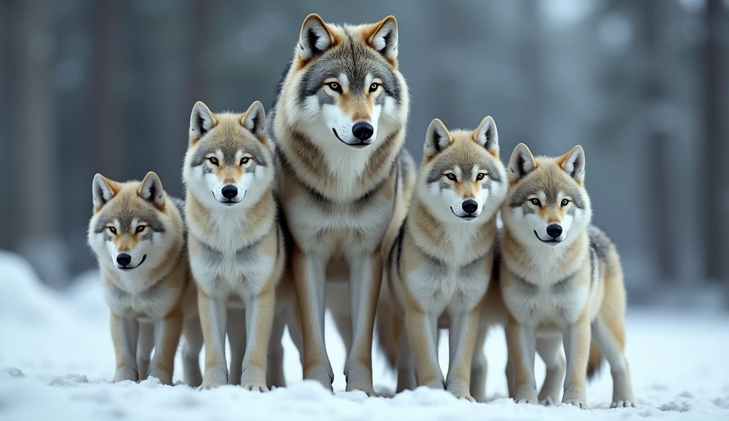 Create a hyper-realistic, photorealistic image of a stunning wolf family. The family includes a majestic father wolf, a graceful mother wolf, and five wolf pups of various ages (each one in diferent sizes). Each wolf displays unique colors and fur patterns, They are all calmly gazing at the viewer, embodying a sense of tranquility and strength. The background features a softly blurred snowy forest, adding depth and a serene atmosphere. The wolves' fur is remarkably beautiful, capturing their natural elegance and power.