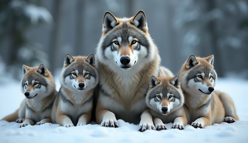 Create a hyper-realistic, photorealistic image of a stunning wolf family. The family includes a majestic father wolf, a graceful mother wolf, and five wolf pups of various ages (each one in diferent sizes). Each wolf displays unique colors and fur patterns, They are all calmly gazing at the viewer, embodying a sense of tranquility and strength. The background features a softly blurred snowy forest, adding depth and a serene atmosphere. The wolves' fur is remarkably beautiful, capturing their natural elegance and power.