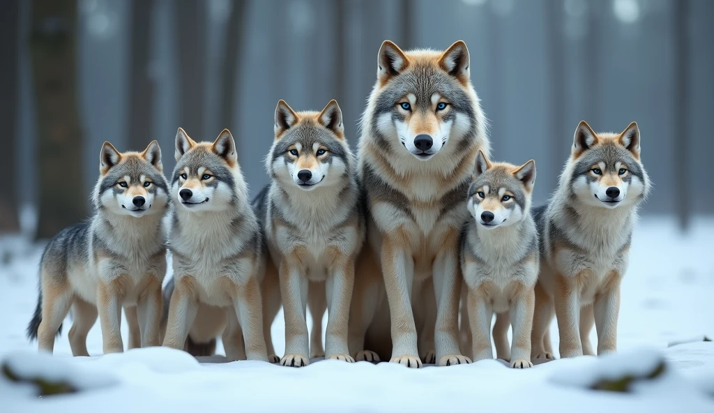 Create a hyper-realistic, photorealistic image of a stunning wolf family. The family includes a majestic father wolf, a graceful mother wolf, and five wolf pups of various ages (each one in diferent sizes). Each wolf displays unique colors and fur patterns, They are all calmly gazing at the viewer, embodying a sense of tranquility and strength. The background features a softly blurred snowy forest, adding depth and a serene atmosphere. The wolves' fur is remarkably beautiful, capturing their natural elegance and power.