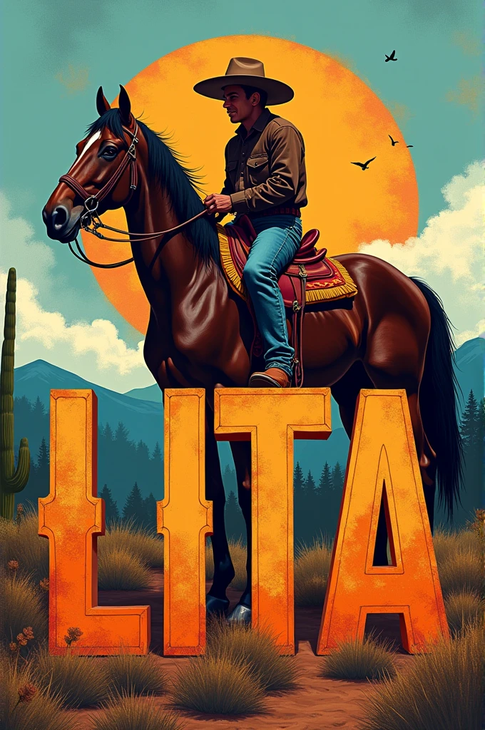 An image with ranchera-style lyrics that says “LITA” and a horse in the background
