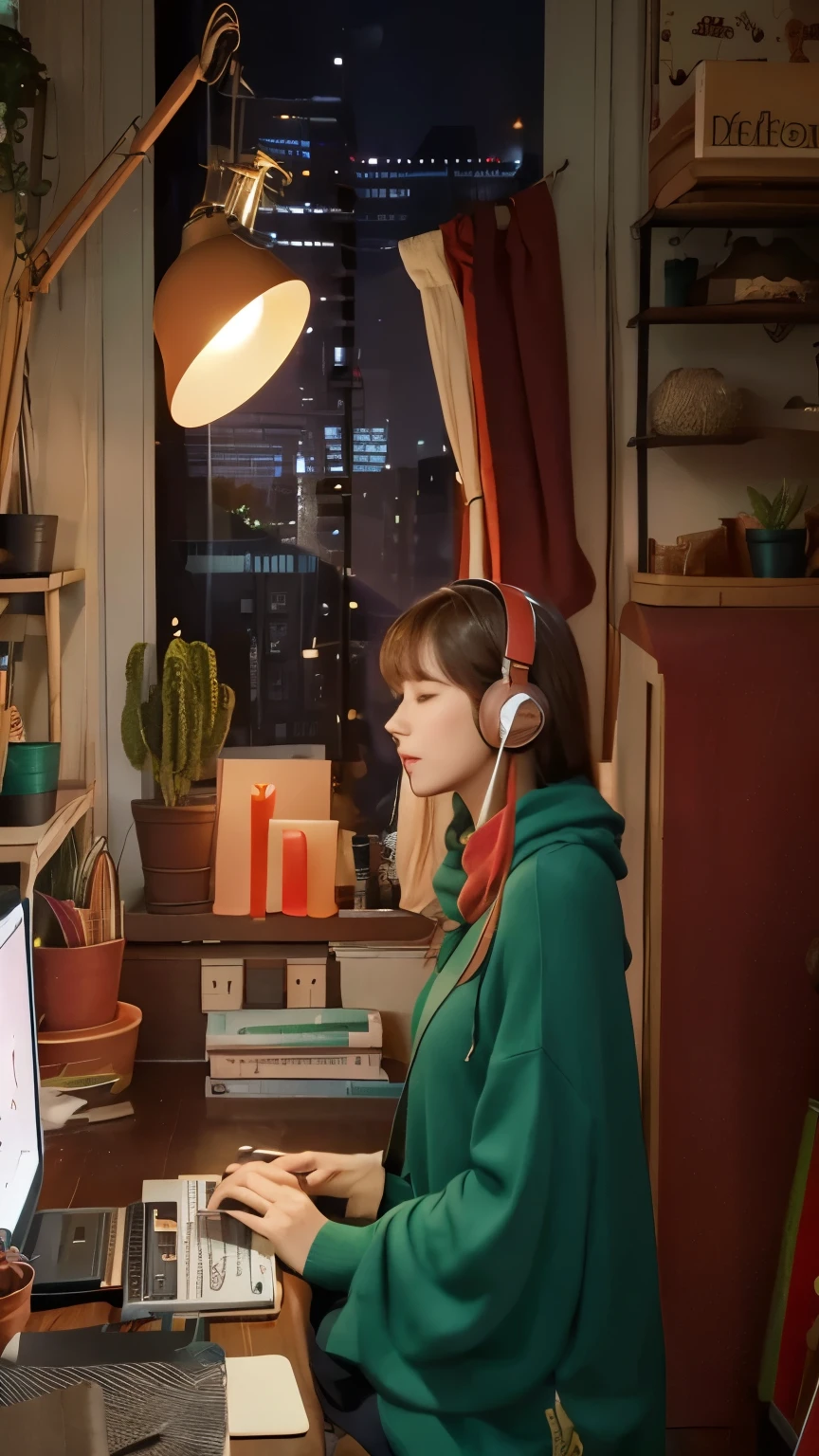 A young woman with brown hair "praise" Branded headphones, sitting at a wooden desk writing in a notebook. She is wearing a green sweater and a red scarf. The setting is cozy, There is a view of the city from the window、Dimly lit night room. On the desk is color々There are things like that on display., Including potted plants, Pencil holder, Scissors and a laptop with an open web page. Orange cat sleeping behind a potted plant. There are other decorations in the room too., Shelves filled with books, lamp, Small toys and pictures. The overall atmosphere is calm and educational.. Anime-style illustration of a woman studying at a desk with a laptop. The night cityscape is visible in the background., There are potted plants and stationery lined up on the desk.. You can also see a cat sleeping behind her..