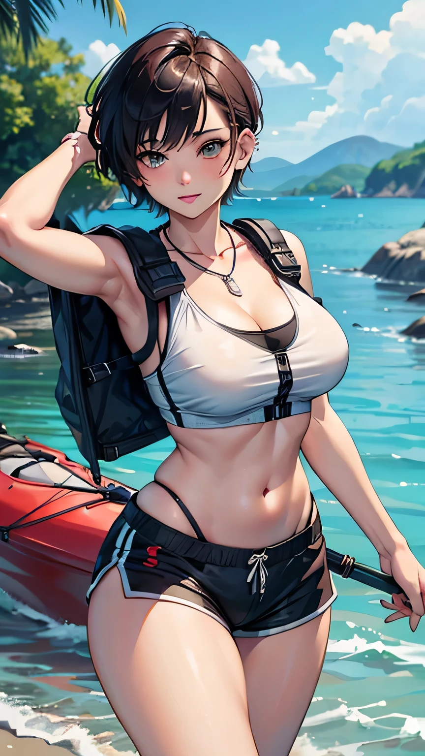 High detailed, 4k quality, stunning 23 years old female, short hair, random hairstyle, necklace and piercing, wearing Erotic Kayaking: Quick-dry shirt, swim trunks or shorts, water shoes, and a life vest, perfect breast, long cleavage, curvy body, playful expression, street background