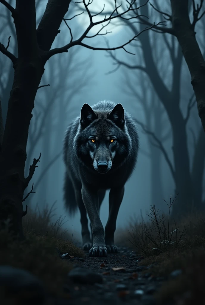 Wolf with black eyes and dark fur in a dark forest at dark night without moon and gloomy wolf alone and serious ultra realistic image