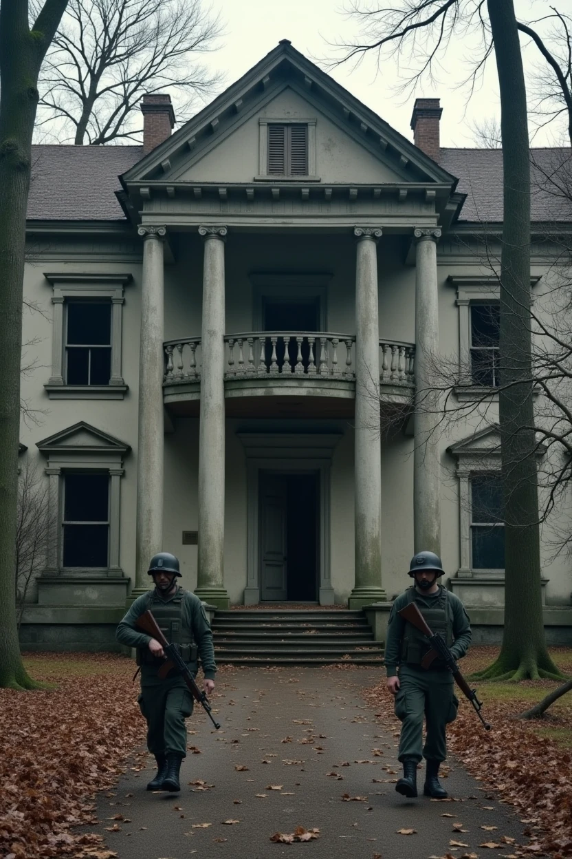Abandoned old mansion with soldiers at the door