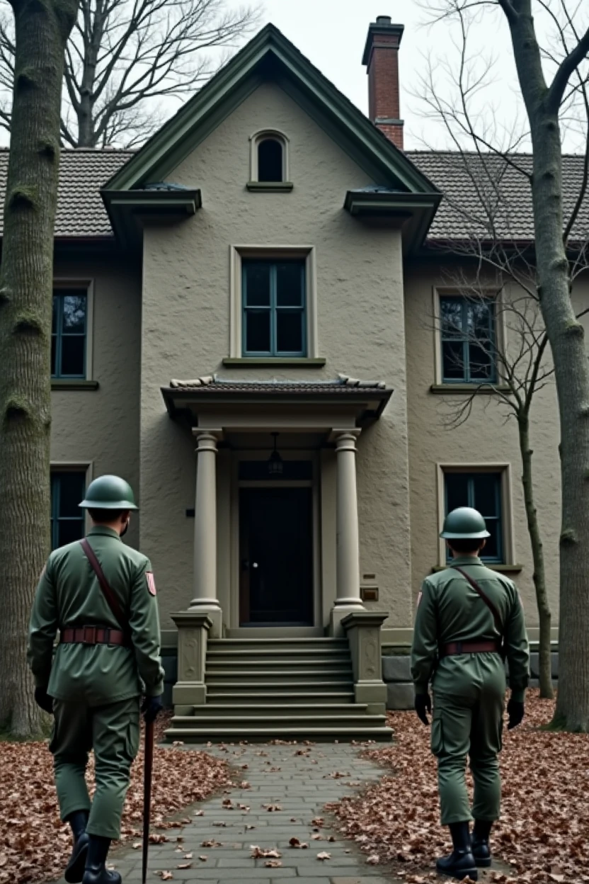 Abandoned old mansion with soldiers at the door