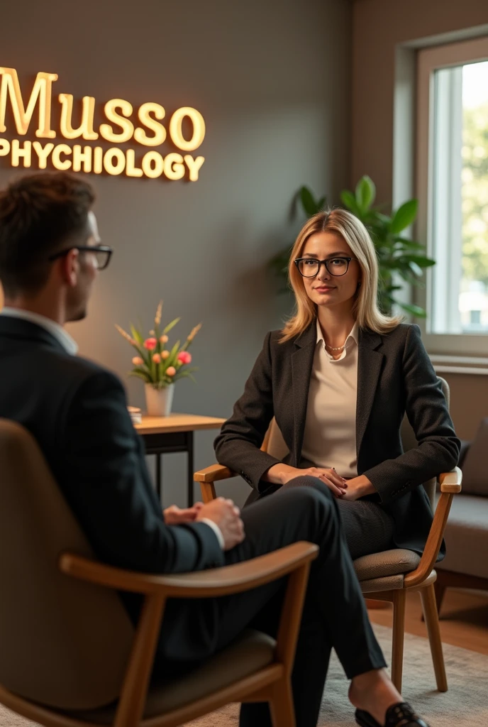 Create an image of a stylish psychology office with a name sign in Portuguese "Mussoi Psychology". The atmosphere is chic and cozy, with sophisticated furniture and a comfortable armchair for the psychologist and another for the patient. There is a stylish plant in the background.
The psychologist is a blonde woman, green-eyed, With shoulder-length hair, and an athletic build. she wears glasses, is wearing a suit and is sitting in the armchair, attending to a patient whose face is not visible.
