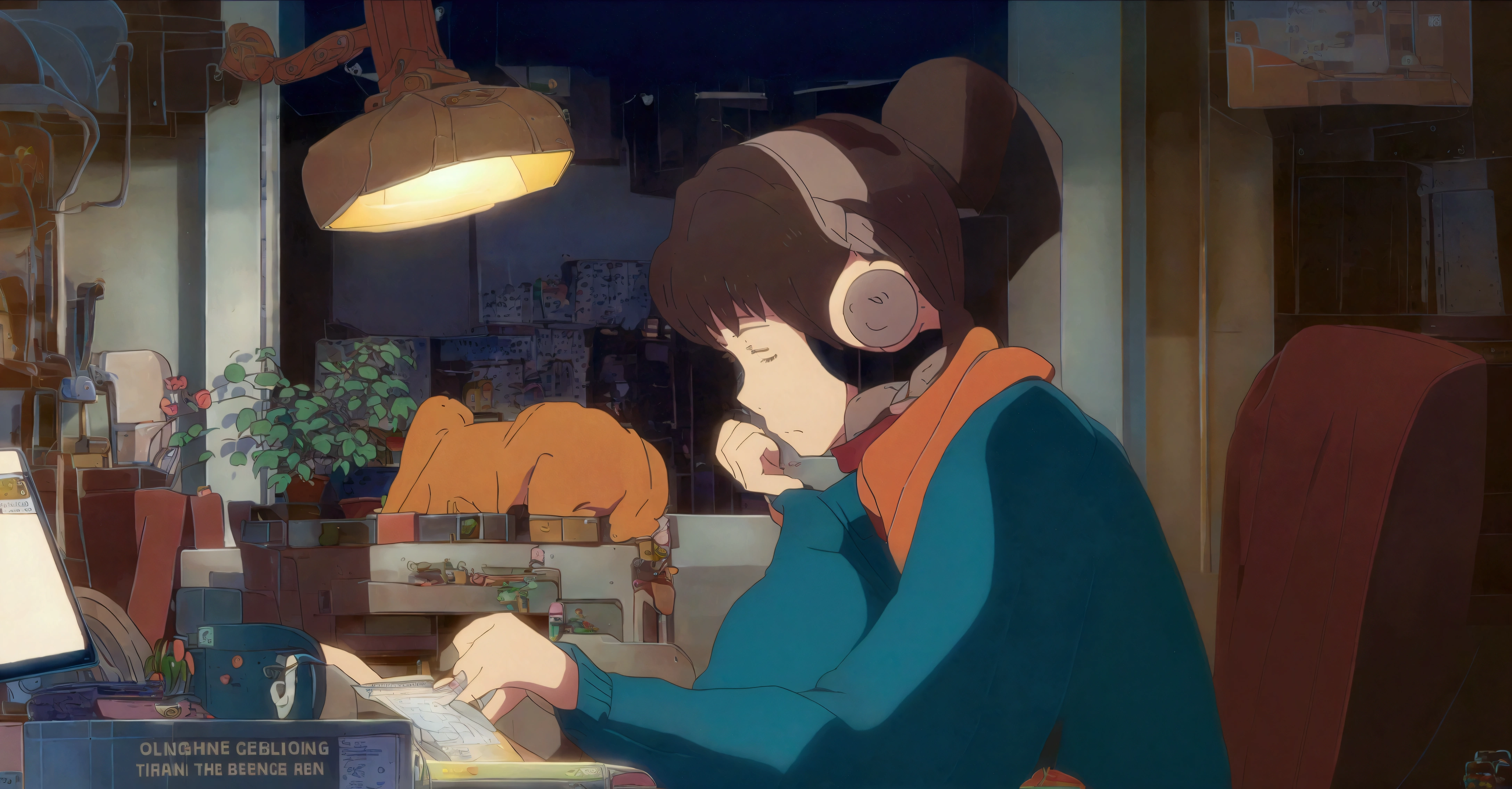 A young woman with brown hair "praise" Branded headphones, sitting at a wooden desk writing in a notebook. She is wearing a green sweater and a red scarf. The setting is cozy, There is a view of the city from the window、Dimly lit night room. On the desk is color々There are things like that on display., Including potted plants, Pencil holder, Scissors and a laptop with an open web page. Orange cat sleeping behind a potted plant. There are other decorations in the room too., Shelves filled with books, lamp, Small toys and pictures. The overall atmosphere is calm and educational.. Anime-style illustration of a woman studying at a desk with a laptop. The night cityscape is visible in the background., There are potted plants and stationery lined up on the desk.. You can also see a cat sleeping behind her..