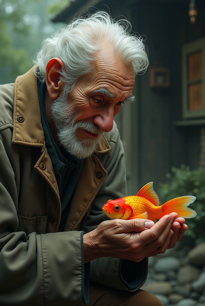 Old man holding goldfish