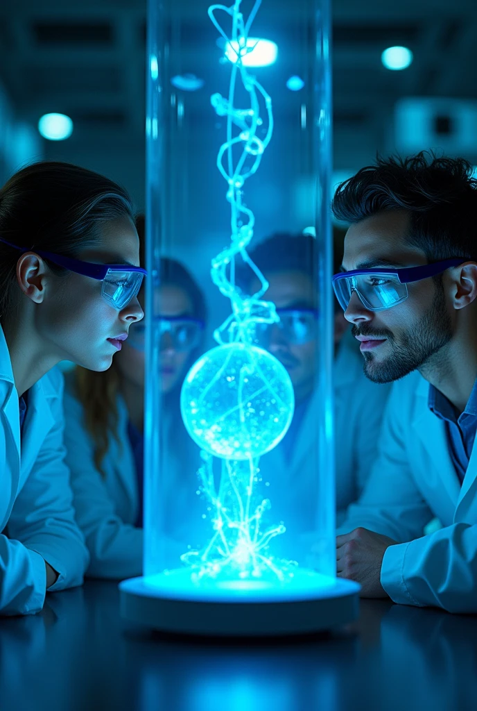 A group of scientists looking at a glass window where there is an object surrounded by a blue light