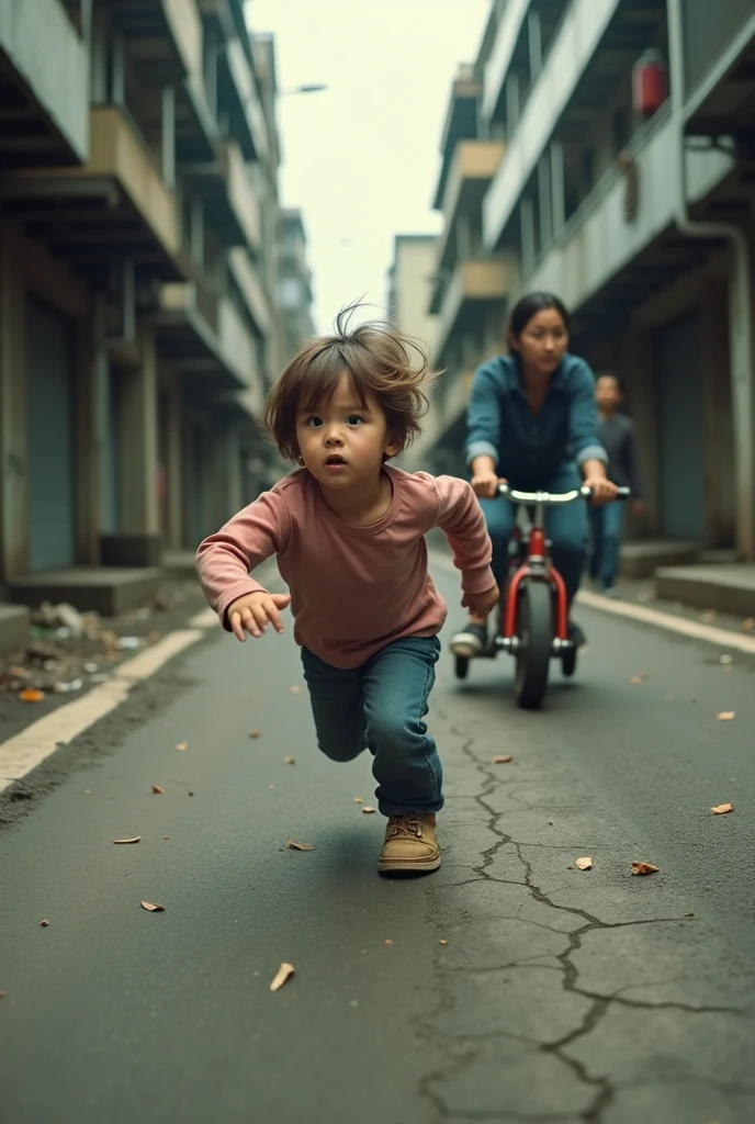 the child running down the hill at a high rate of speed.
there is a dangerous place at the bottom of the hill.
The child run toward the bottom of the hill.
A beautiful mother chases after her child on a child's tricycle.
The mother's face is filled with despair.
The setting is an urban area.
(masterpiece, best quality:1.2), (realistic,photo-realistic:1.4), RAW photo, highres, extremely detailed, intricate details