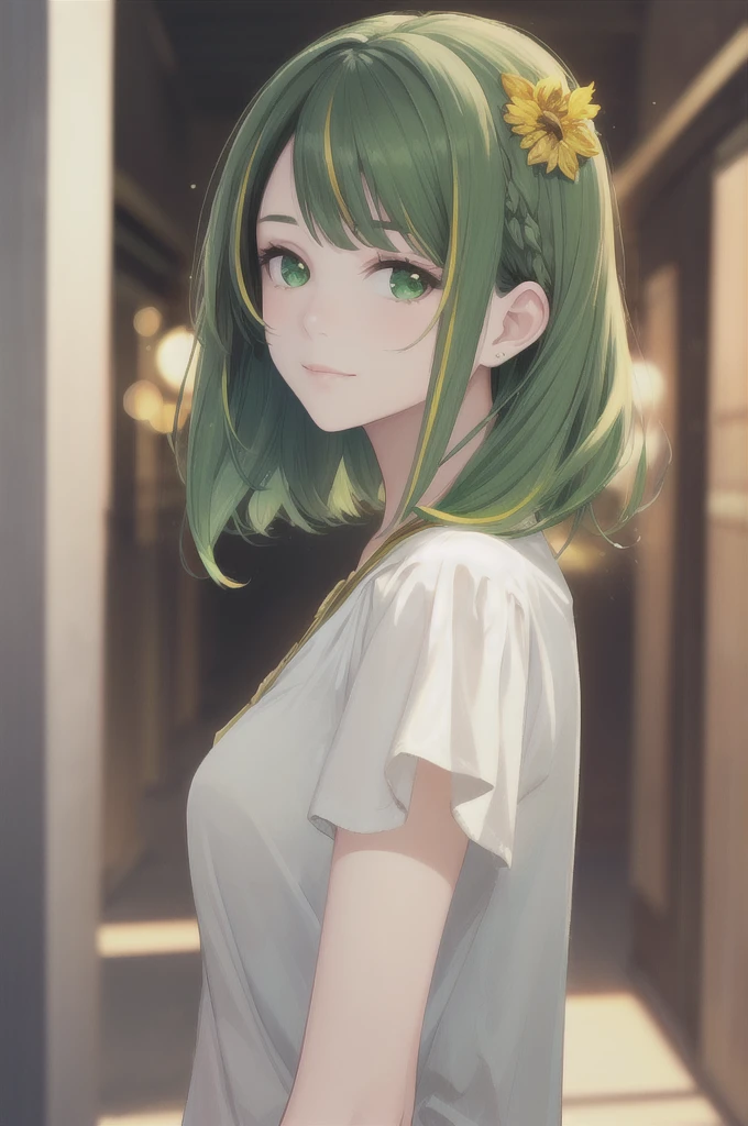 1 girl, best quality, masterpiece, cinematic lighting, simple background, realistic, (Woman with golden flower image), long bob hairstyle, green hair, colorful hair, pale skin, (soft smile:1.3), ((streak of light))