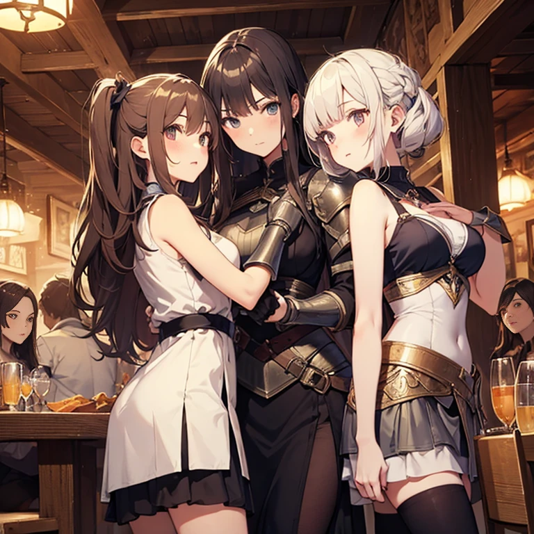 A group of  female medieval fantasy adventurers, (in tavern), various hair styles, harem, night, details face, short skirt, seducing, sleeveless, armor, multiple girls 