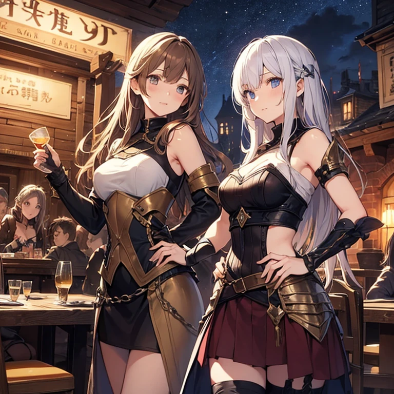 A group of  female medieval fantasy adventurers, (in tavern), various hair styles, harem, night, details face, short skirt, seducing, sleeveless, armor, multiple girls 