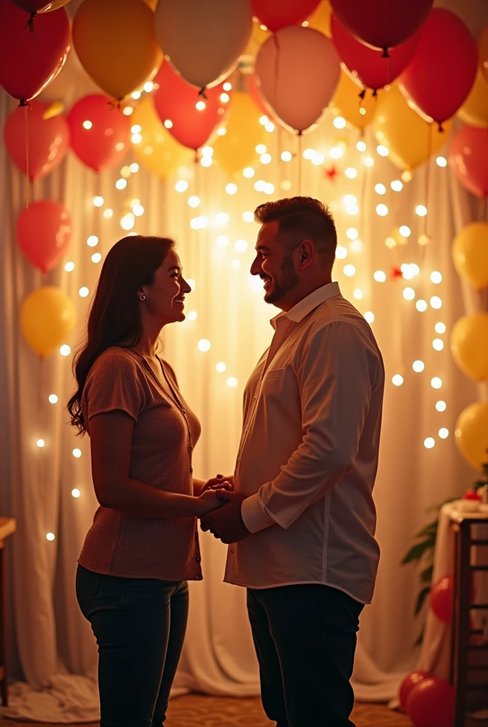 A warm, festive setting with a decorated backdrop (e.g., balloons, streamers) for an anniversary celebration. The couple stands in the center, holding hands and smiling at the camera. The image should convey a sense of joy and accomplishment. Overlay text: "10th Anniversary Celebration.