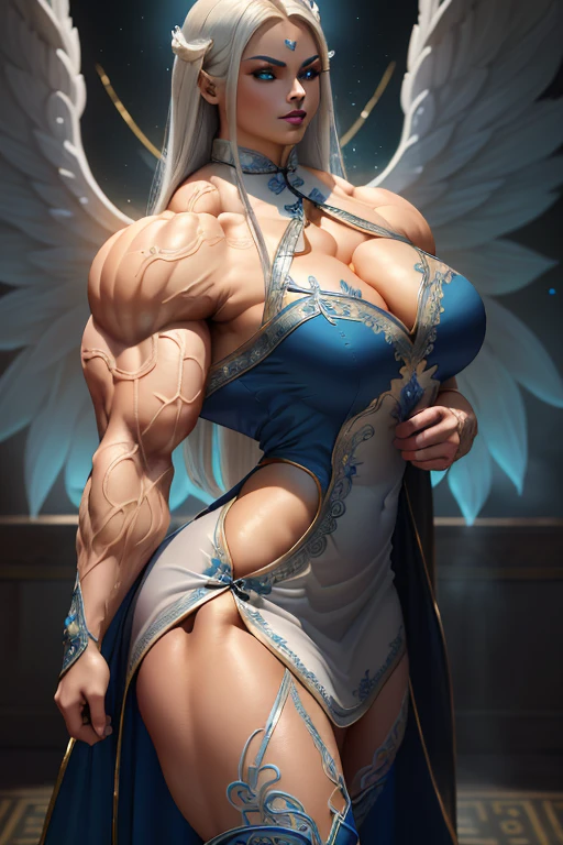 (Close view), tall, (White hair), muscular woman, long straight hair, light brown skinned, closed smile, (black lipstick), ((massive muscles)), (hyper muscle), ((ginormous bulky muscles)), ((glowing blue eyes)), (((sparkling white cheongsam dress embroidered with intricate designs))), (giant angel wings), gauntlets, choker, thigh high boots, (in the Sky)