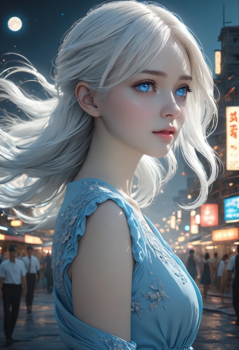1girl, pale skin, long white hair, blue eyes, wearing a simple light blue dress, black background, on the city moon, (best quality,4k,8k,highres,masterpiece:1.2),ultra-detailed,(realistic,photorealistic,photo-realistic:1.37),cinematic lighting,dramatic lighting,ethereal,surreal,digital art,fantasy,concept art,soft colors,cool colors