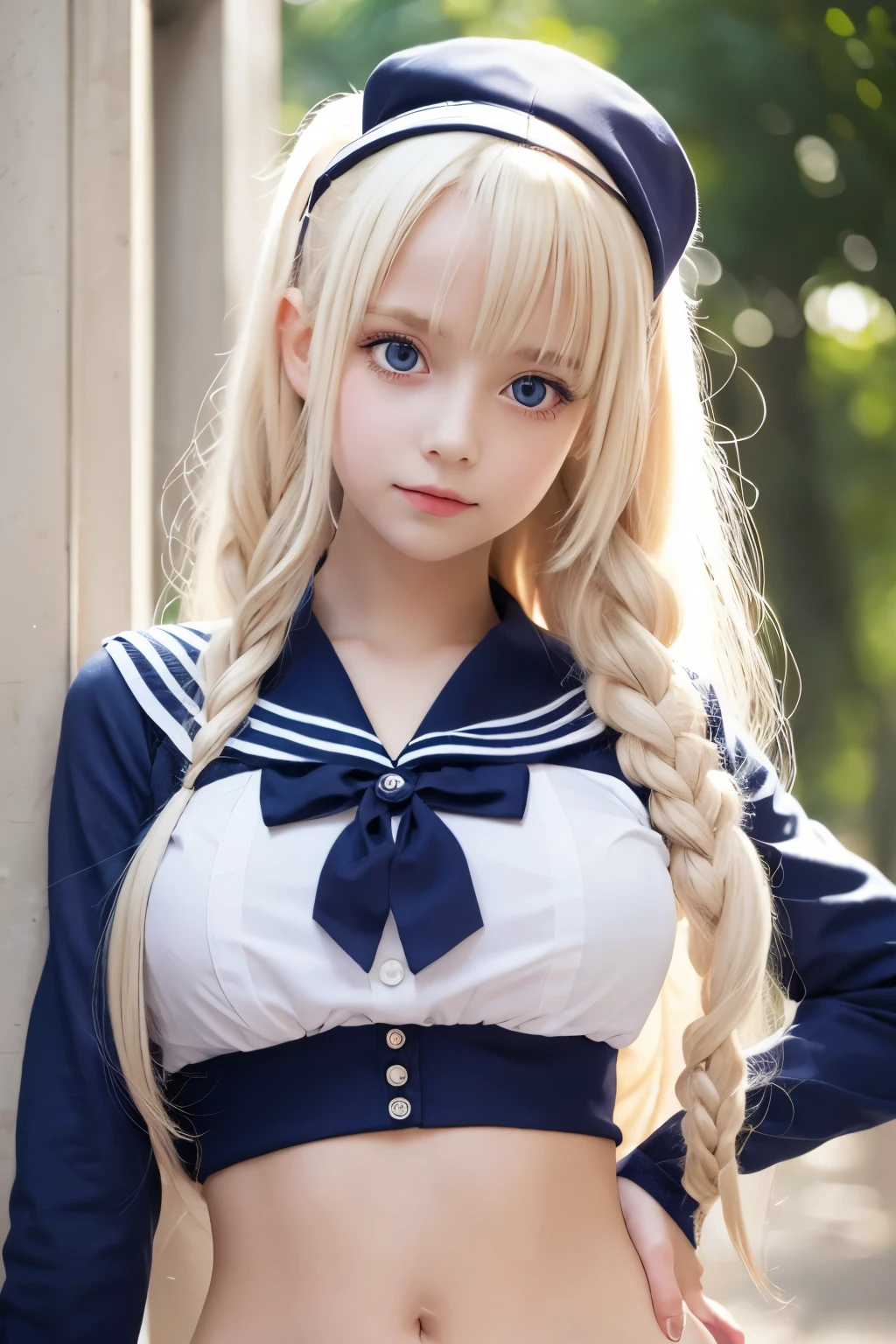 Highest quality)), ((masterpiece)), (detailed), One girl, Sexy German girl with long wavy platinum blonde hair and an innocent, lolita-like face. Sailor uniform showing belly button. . Big eyes.