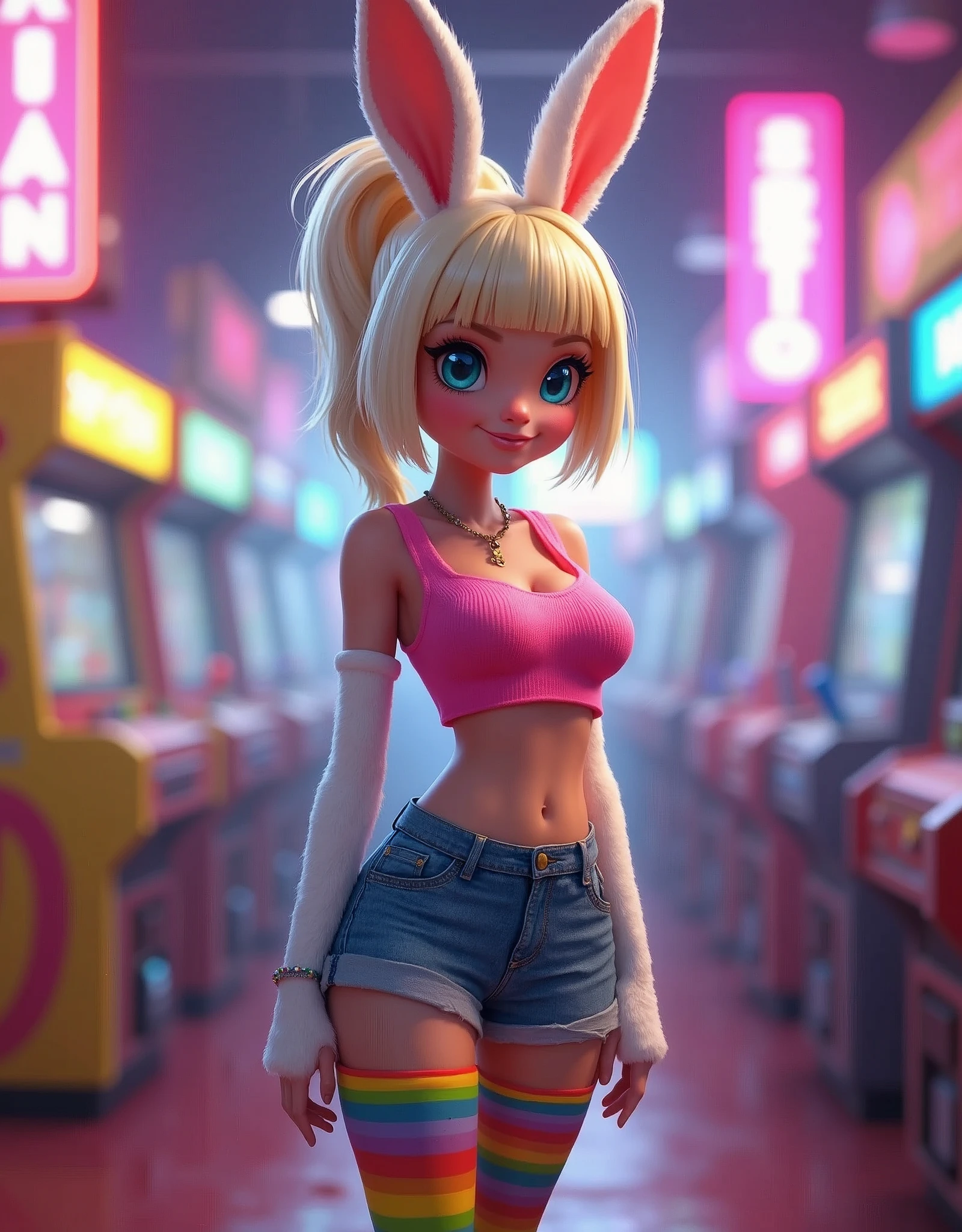 female, anthropomorphic rabbit, white fur, blue eyes, solo, blonde hair, ponytail, straight bangs, blue eyes, short, curvy body, flat chest, pink croptop, shorts, rainbow thigh high, indoors, arcade, highly detailed, realistic
