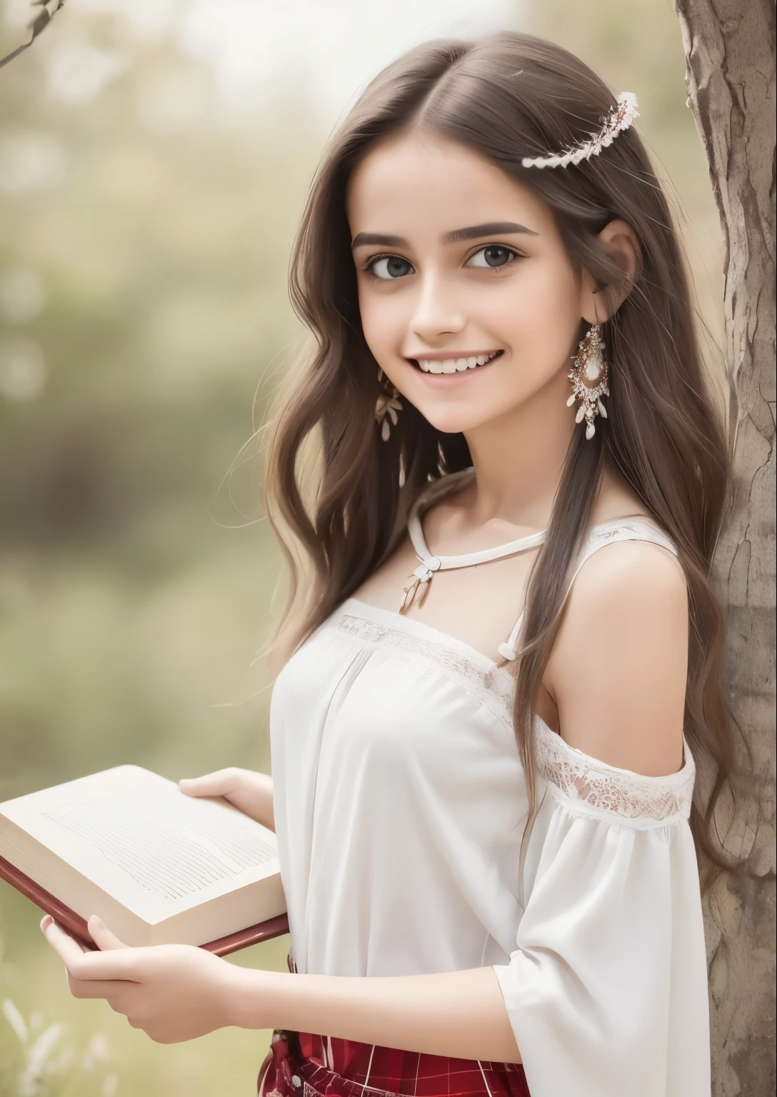 Portrait of a woman in a white dress, holding a book with delicate hands, expressing beauty and strength. Detailed portrait of an indigenous woman in cartoon style, with beautiful eyes, quick brushstrokes and vibrant colors. Cute, Beautiful,. Masterpiece, with red and white fur. Italian girl posing, detailed face, dark hair, athletic body, wearing red flannel and jeans. Soft hair, happy smile, cute Italian.