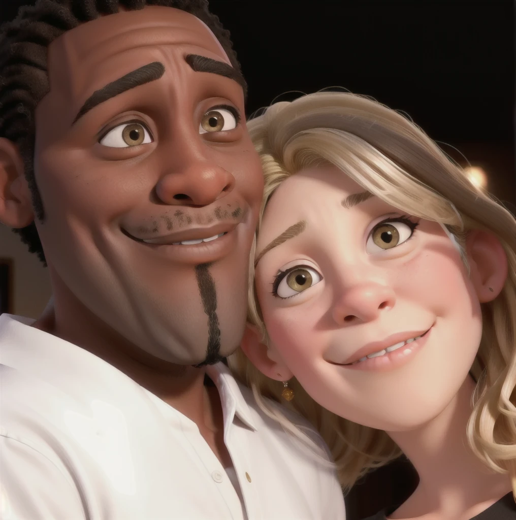 couple, black man, 40 years old, no beard. blonde white woman, 35 years old.