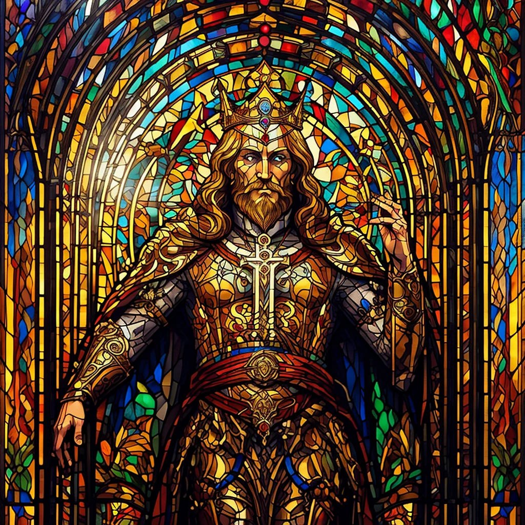 Stained Glass Mural, Catholic Church Shrine, Medieval Fantasy, Male, Regal Man, King, God of Compassion, Mercy, Luck, Charity, and Right to Rule by Might and Merciful Forebearance