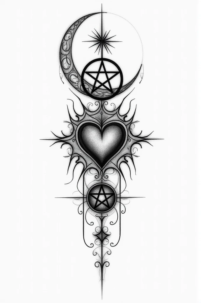 A drawing of a Moani tattoo that has a heart, a pentacle and a moon in black and white