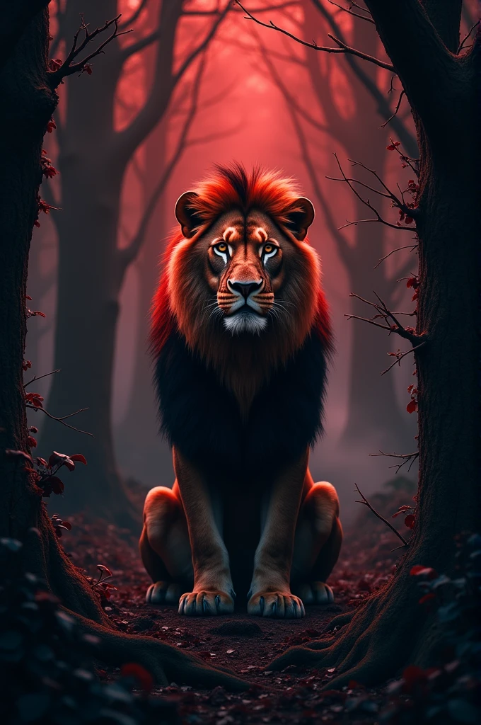 Please write haider with red and black colour with lion sit in forest lonely waiting for food in dark theme