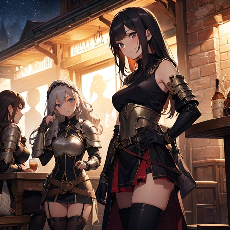 A group of female medieval fantasy adventurers, (in tavern), various hair styles, harem, night, details face, short skirt, seducing, sleeveless, armor, multiple girls