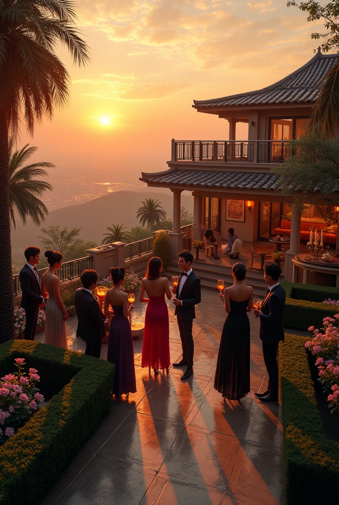 80s style，A group of fashionable people，Chinese，Parties，In the villa garden，On the rooftop，Light before sunset，evening，reunion，Reception，wine，Wine Tasting，Suit，High heel（Rich details），（Best quality），Film Style