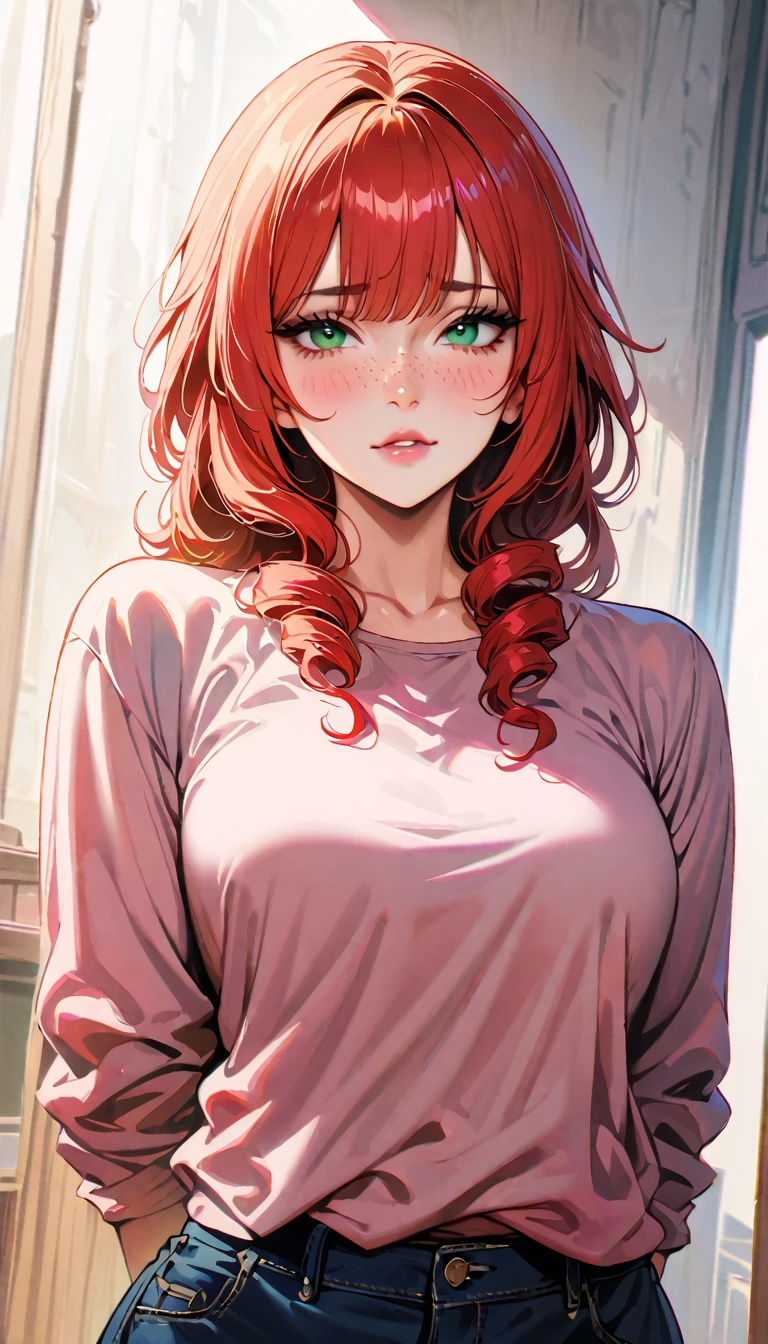 (high quality, 8k, 4K, high contrast, artwork:1.2, high quality, best aesthetics), (centered), ((1 woman)), erotic, sensual, mature body, grown woman, super detailed, beautiful face detailed, beautiful eyes detailed, detailed beautiful mouth, (long curly red hair), (green eyes), (freckles on cheeks), (black eyeliner), (pink eyeshadow), (blushing), (relaxed expression), (facing the camera), (penetrating gaze), (standing), (straight body posture), (hands behind the back), (angle from the front of the woman), (front view), (casual clothes)