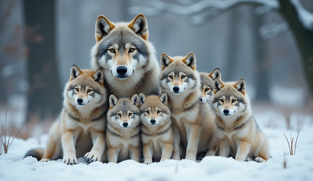 a hyper-realistic, photorealistic image of a stunning wolf family. The family includes a majestic father wolf, a graceful mother wolf (father and mother more big than puppies), and five wolf pups of various ages (each one in diferent sizes). Each wolf displays unique colors and fur patterns, They are all calmly gazing at the viewer, embodying a sense of tranquility and strength. The background features a softly blurred snowy forest, adding depth and a serene atmosphere. The wolves' fur is remarkably beautiful, capturing their natural elegance and power