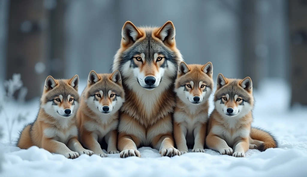 a hyper-realistic, photorealistic image of a stunning wolf family. The family includes a majestic father wolf, a graceful mother wolf (father and mother more big than puppies), and five wolf pups of various ages (each one in diferent sizes). Each wolf displays unique colors and fur patterns, They are all calmly gazing at the viewer, embodying a sense of tranquility and strength. The background features a softly blurred snowy forest, adding depth and a serene atmosphere. The wolves' fur is remarkably beautiful, capturing their natural elegance and power