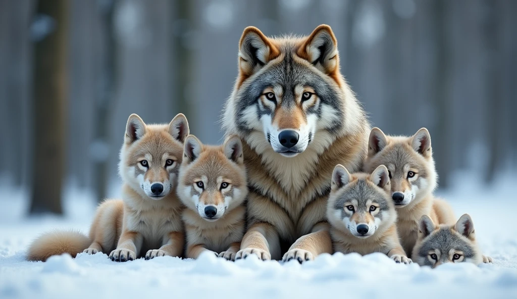 a hyper-realistic, photorealistic image of a stunning wolf family. The family includes a majestic father wolf, a graceful mother wolf (father and mother more big than puppies), and five wolf pups of various ages (each one in diferent sizes). Each wolf displays unique colors and fur patterns, They are all calmly gazing at the viewer, embodying a sense of tranquility and strength. The background features a softly blurred snowy forest, adding depth and a serene atmosphere. The wolves' fur is remarkably beautiful, capturing their natural elegance and power