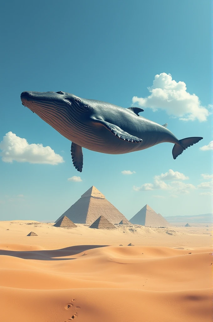 Whale floating in the desert with pyramids