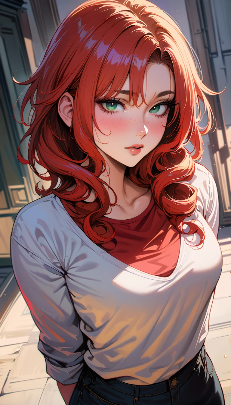 (high quality, 8k, 4K, high contrast, artwork:1.2, high quality, best aesthetics), (centered), ((1 woman)), erotic, sensual, mature body, grown woman, super detailed, beautiful face detailed, beautiful eyes detailed, detailed beautiful mouth, (long curly red hair), (green eyes), (freckles on cheeks), (black eyeliner), (pink eyeshadow), (blushing), (relaxed expression), (facing the camera), (penetrating gaze), (standing), (straight body posture), (hands behind the back), (angle from the front of the woman), (front view), (casual clothes)