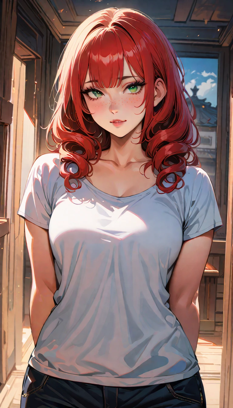 (high quality, 8k, 4K, high contrast, artwork:1.2, high quality, best aesthetics), (centered), ((1 woman)), erotic, sensual, mature body, grown woman, super detailed, beautiful face detailed, beautiful eyes detailed, detailed beautiful mouth, (long curly red hair), (green eyes), (freckles on cheeks), (black eyeliner), (pink eyeshadow), (blushing), (relaxed expression), (facing the camera), (penetrating gaze), (standing), (straight body posture), (hands behind the back), (angle from the front of the woman), (front view), (casual clothes)