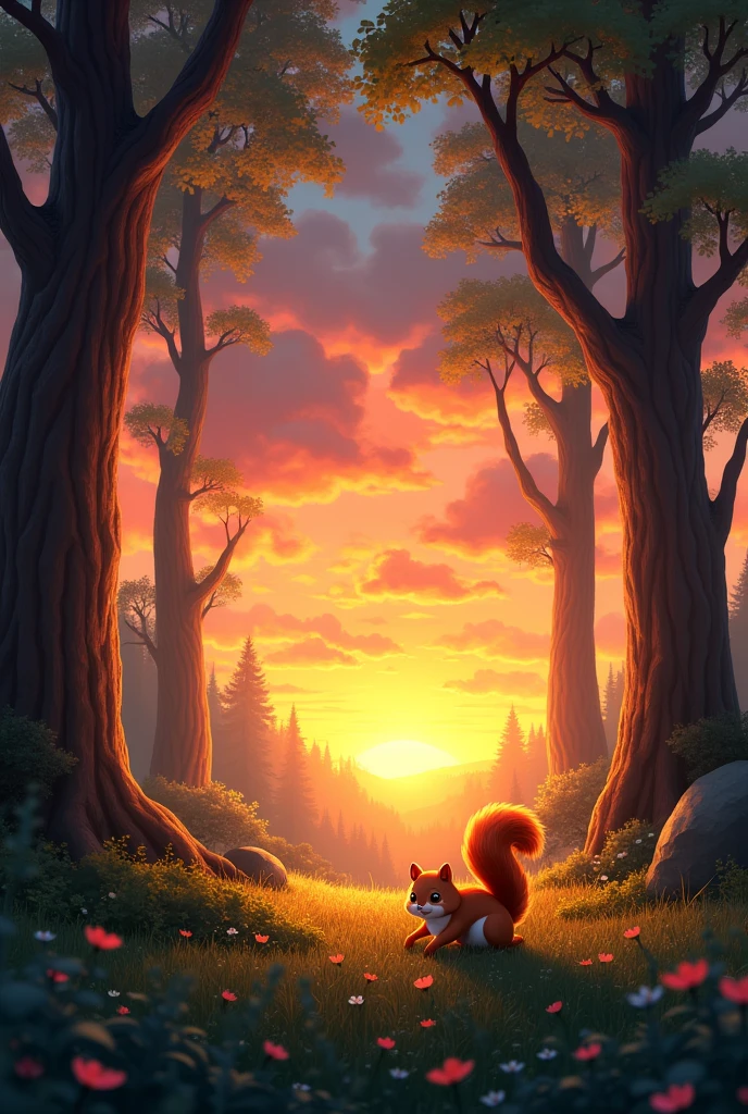 sunset, light lighting. Richness of colors. nature. forests. the squirrel. Nostalgia. Happiness. The sky is wonderful.