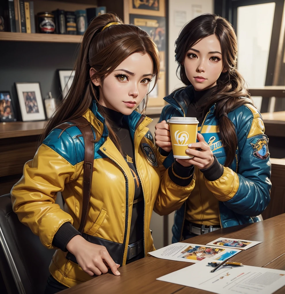 a woman in a yellow jacket holding a cup of coffee, extremely detailed artgerm,  anime drinks energy drink, Senna do League of Legends, lovely Brigitte de Overwatch, Brigitte de Overwatch, ruan jia and artgerm, trending artgerm, Faye Valentim, like artgerm, range murata and artgerm, role model | artgerm