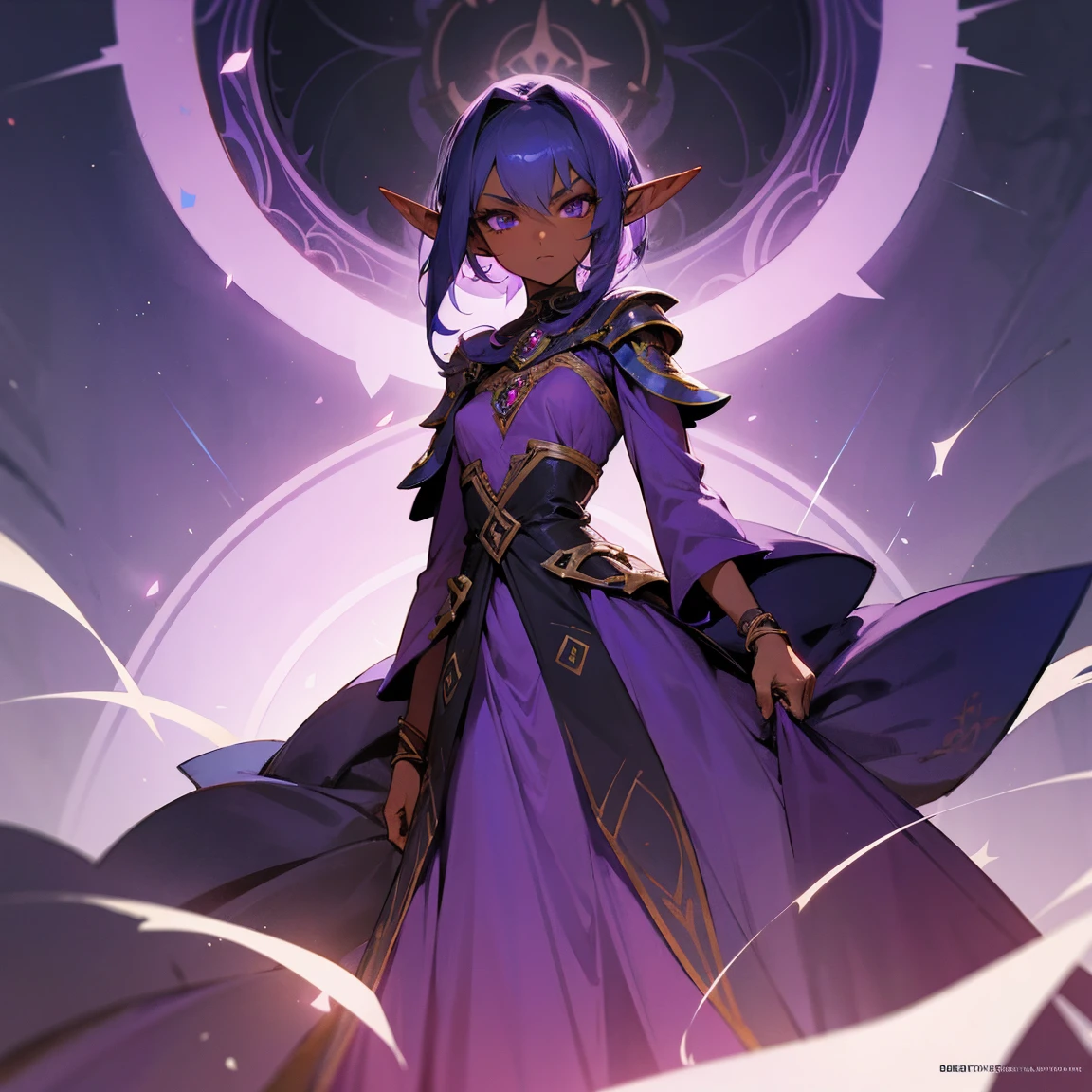 Older Dark skinned Elf Female, Regal and powerful, in a purple dress, standing tall, looking curiously at the camera