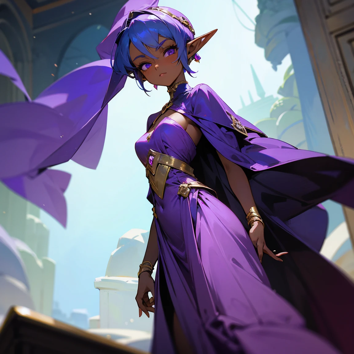 Older Dark skinned Elf Female, Regal and powerful, in a purple dress, standing tall, looking curiously at the camera