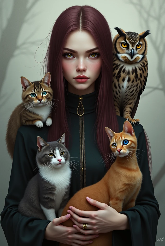 Now I want you to create a woman with straight hair, maroon, com os olhos castanhos, clearing, sambancelha, same hair color, with an owl on his shoulder, hole-maker, owl with yellow eyes, gray and white cat in her arms, gato branco e maroon do lado dela com os olhos azuis, and an orange cat with white and a blind little eye by his side.