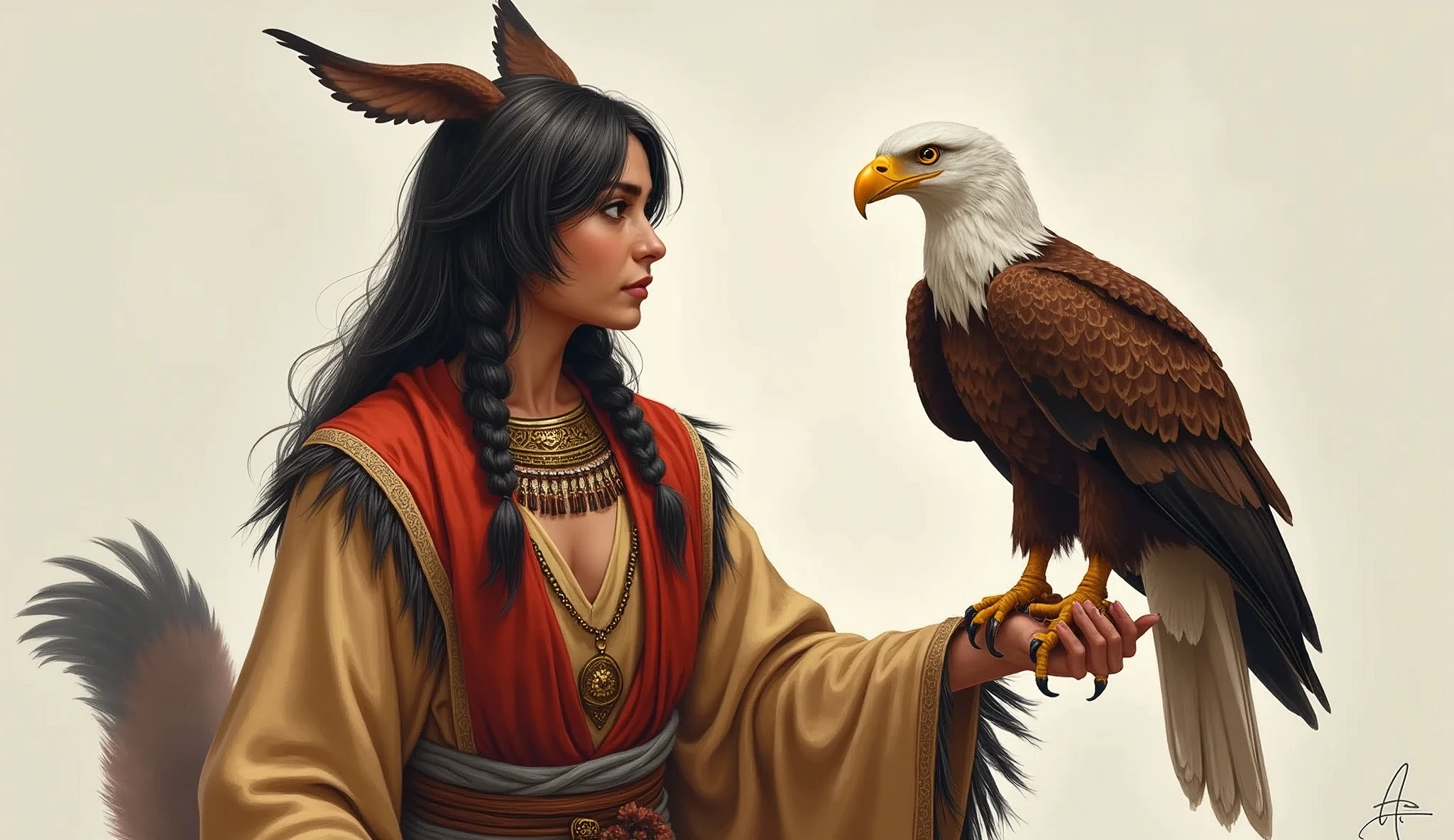 Create an image of a character with animal features, such as ears or a tail, wearing traditional attire and interacting with an eagle perched on his or her arm.