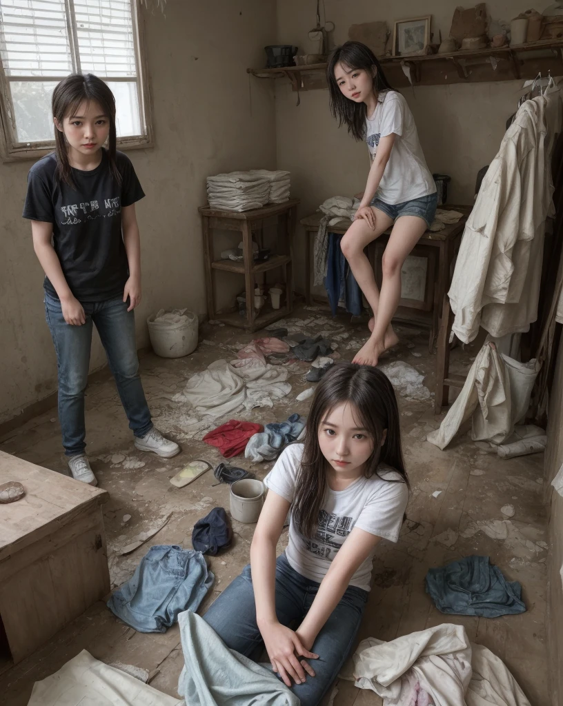 4 beautiful and pretty chinese 15 years old girls with dirty clothes in broken home