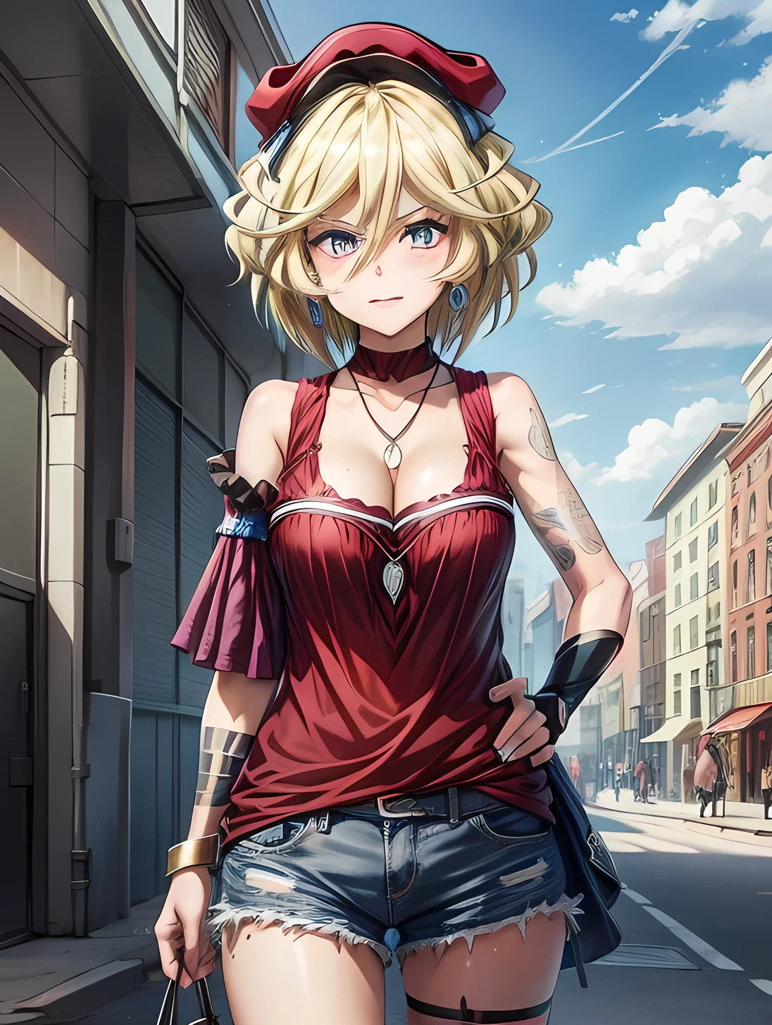 score_9, score_8_superior, score_7_superior, sauce_anime, Expressive, anime, comics, dynamic, One girl, Cleavage,Loving girlfriend, makesuperior, Sunburn , two-Toned Up hair, Blue Hair, Gray Hair, choker, jewelry, Tattoo, Wristband, Toned Up, , Earrings, short hair, Undercut Goth, , (superiorから見た図 ) , Loose-fitting clothing , detailed city background ,