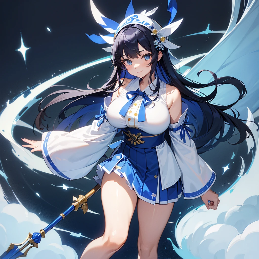 masterpiece,Highest quality,High resolution,Super detailed,hyper quality, highly detailed, (((gripping Spear))), The best smile、(((Blue and white shrine maiden costume))), (((青いmicro mini skirt))), Black hair straight、long hair、I don't wear anything on my feet、(((Blue Big Ribbon))), Large slit eyes、Straight bangs、Big Breasts、Blue sleeves、A girl 、Height: 165cm、Are standing、Shrine Background