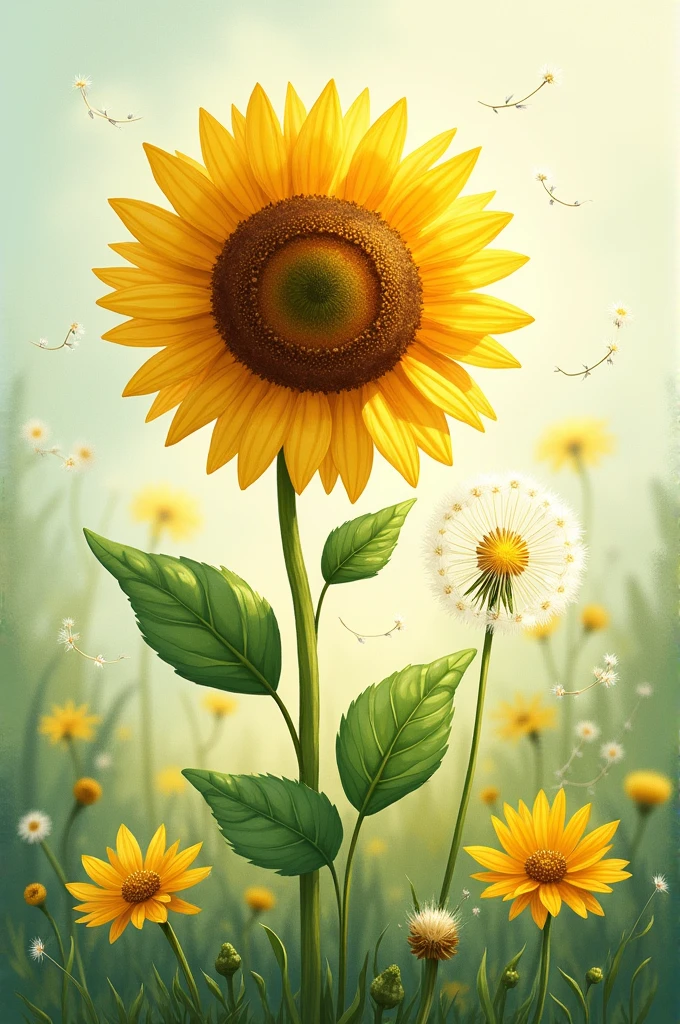 Drawing of a sunflower and a dandelion flower