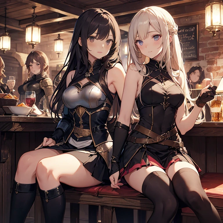 A group of female medieval fantasy adventurers, (in tavern), various hair styles, harem, night, details face, short skirt, seducing, sleeveless, armor, multiple girls, various role and outfits