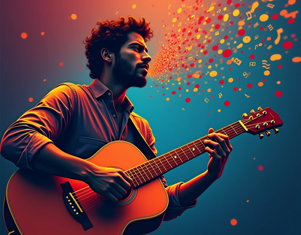 Create an image with a musician playing the guitar and musical notes coming out of his ear
